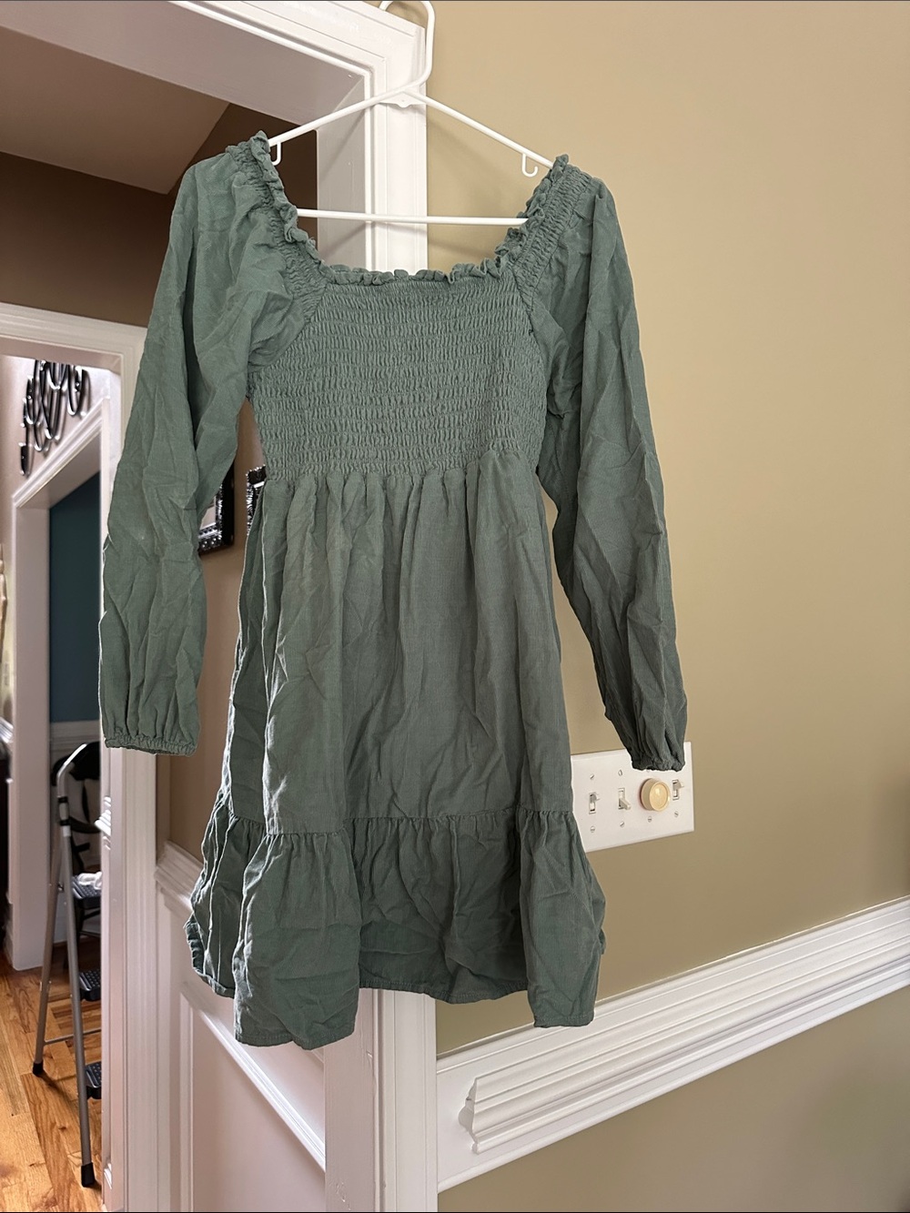 American Eagle Outfitters Sage Green Long-Sleeve Smocked Dress